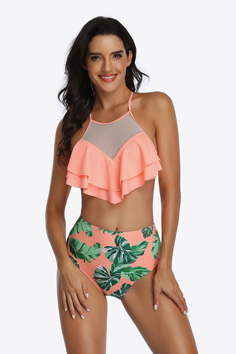 Tropical Print Ruffled Two-Piece Swimsuit