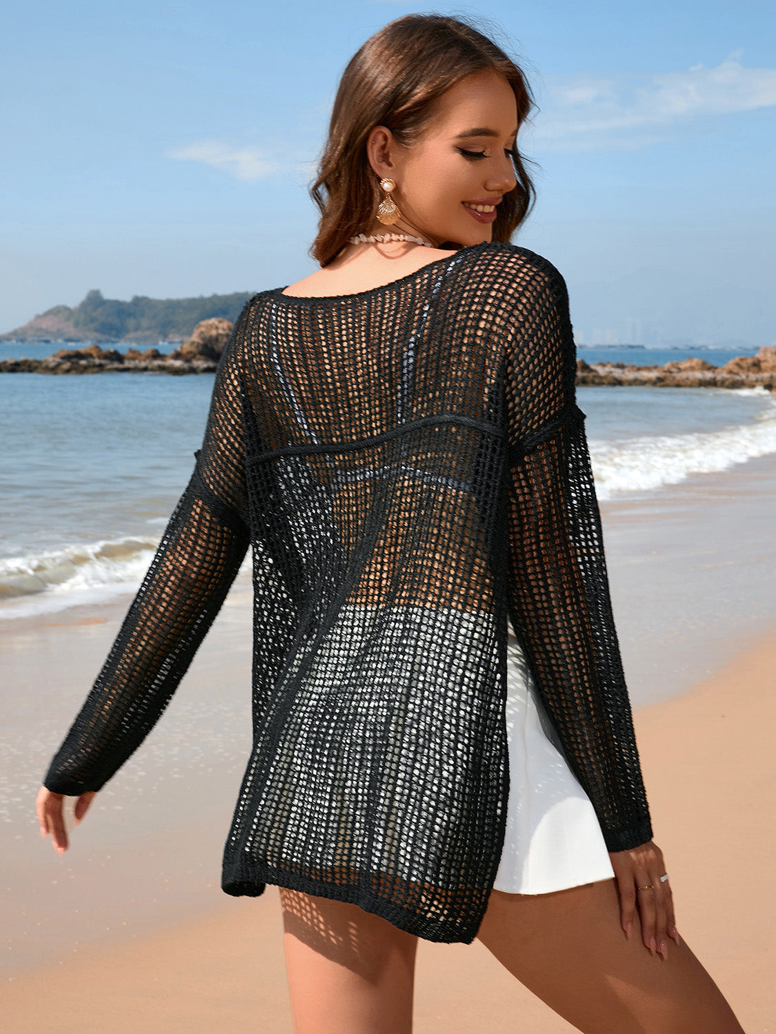 Openwork Slit Boat Neck Long Sleeve Cover-Up