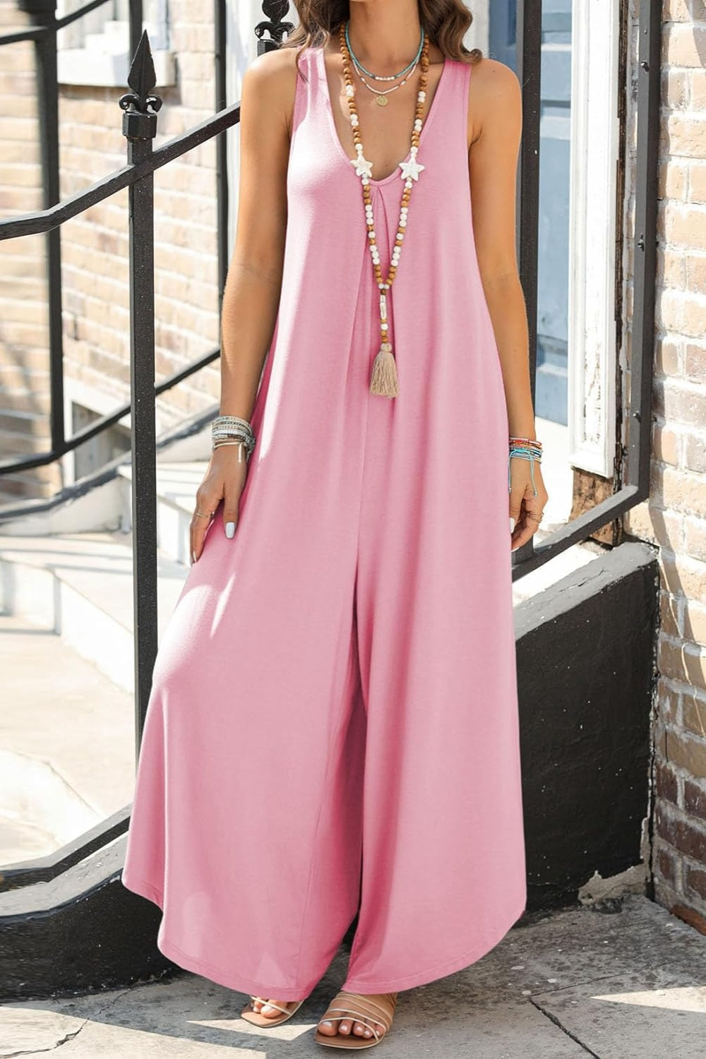 Pocketed Scoop Neck Wide Leg Jumpsuit